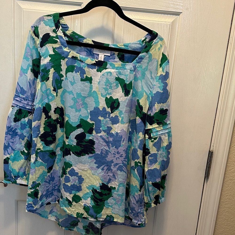 Charter Club Luxury Linen Blue and Green Floral Blouse Size XL